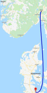 Kartenausschnitt mit der Fährverbindung zwischen Kiel und Norwegen